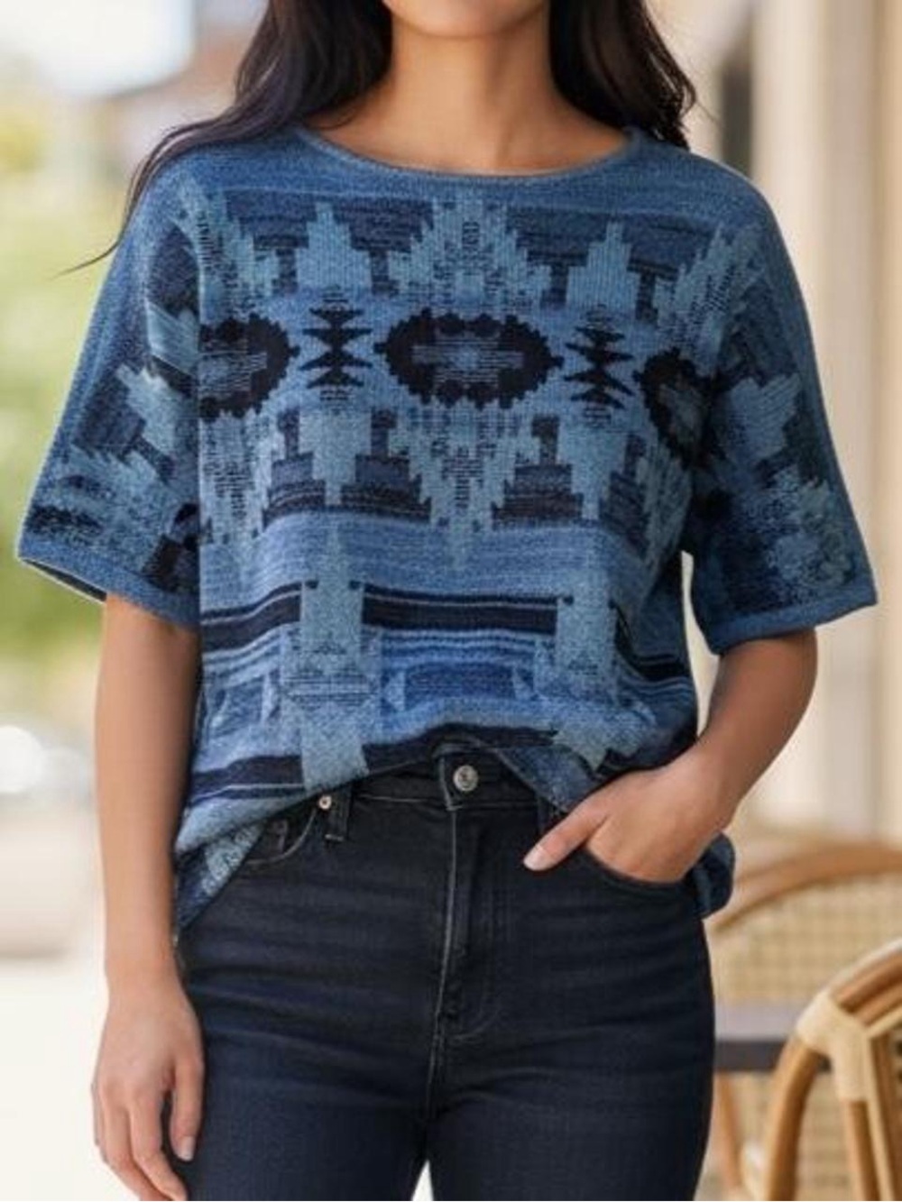 Vintage Chaps Blue Patterned Aztec Short-Sleeve Sweater Top